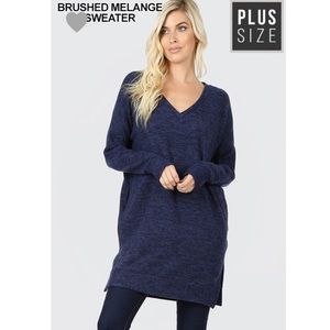 Plus Size- NAVY- Brushed Melange Sweater Pockets